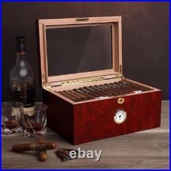 Large Glass-Top Cigar Humidor Humidifier Box for up to 100 Cigars with Hygromete