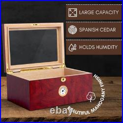 Large Glass-Top Cigar Humidor Humidifier Box for up to 100 Cigars with Hygromete