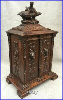 Large antique german black forest cigar humidor box early 1900's woodwork lions