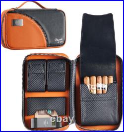 Leather Cigar Case for 5 Cigars Orange Travel Humidor with 3 Pockets, Bold Har