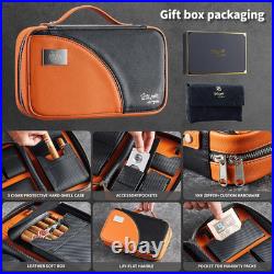 Leather Cigar Case for 5 Cigars Orange Travel Humidor with 3 Pockets, Bold Har
