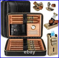 Leather Grain Black Smooth Cigar Humidor with Cigar Lighter, Built-in Cutter
