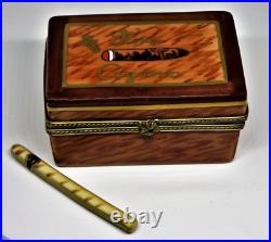 Limoges France Box- Rochard Wooden Cigar Humidor Trinket Box & Porcelain Cigar