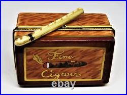 Limoges France Box- Rochard Wooden Cigar Humidor Trinket Box & Porcelain Cigar