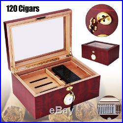Lined Leather Cedar Wood Cigar Humidor Case Box With Hygrometer Humidor Lock