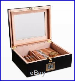 Lockable 50-70 Cigar Humidor Desktop Glasstop Storage Box Humidifier Hygrometer