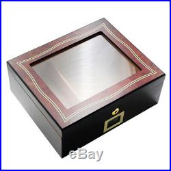 Lockable 50-70 Cigar Humidor Desktop Glasstop Storage Box Humidifier Hygrometer