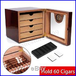Luxury 60-Cigars Cedar Wood Cigar Humidor Humidifier Hygrometer Storage Box