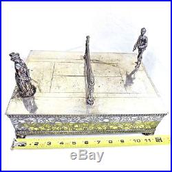 Meriden Figural Cigar Box Humidor Tennis Player Court Antique Silver Plate Rare