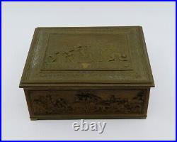 Ornate Brass Bronze Humidor Box Wooden Interior Agricultural Scenes Late 1800s