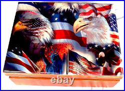 PATRIOTIC CIGAR BOX WITH PAINTED FLAGS, EAGLES & STATUE of LIBERTY L@@K