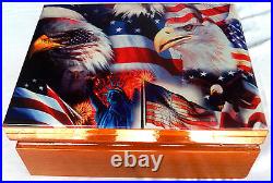 PATRIOTIC CIGAR BOX WITH PAINTED FLAGS, EAGLES & STATUE of LIBERTY L@@K