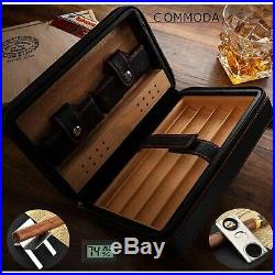 Portable Leather Cigar Travel Case Cedar Humidor+Digital Hygrometer Wooden Box