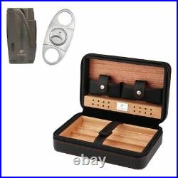 Portable Leather Travel Cigar Case Cedar Wood Humidor With Torch Jet Cutter Set