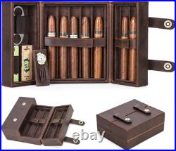 Premium Leather Cigar Case for 7 Cigars with Humidifier, Cutter & Lighter