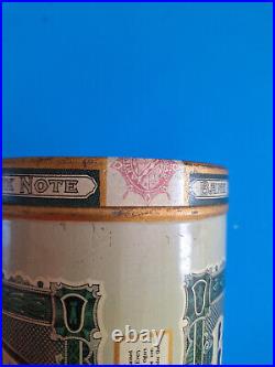 RARE 1920s Lithographed BANK NOTE Five Cents 5 cent CIGAR TIN Tobacco HUMIDOR