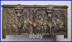 RARE Religious Christian Motif Wood Lined HEAVY SOLID Brass Cigar Box Germany