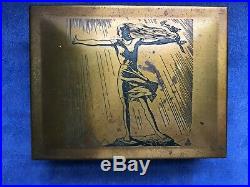 RARE Rockwell Kent Brass Cigar Box, Art Deco Engraved Lady by A G Spaulding