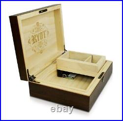 RYOT Humidor Walnut Combo Box (8×11) Lockable with Tray and Glass Containers New