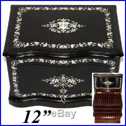Rare Antique French 12 Tantalus Style Cigar Chest or Box, Ebony & Ornate Inlay