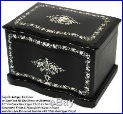 Rare Antique French 12 Tantalus Style Cigar Chest or Box, Ebony & Ornate Inlay