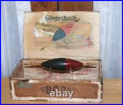 Rare Antique Peregoy & Moore Bob Fishing Bobber Wooden Cigar Box Council Bluffs