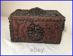 Rare antique 1800s Victorian handmade floral wood box sculpture folk tramp art
