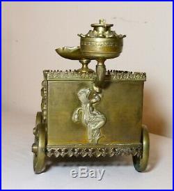 Rare antique figural brass cigar humidor oil lamp store lighter ashtray box cart