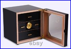 Sleek Black Cigar Humidor Box for 50-75 Cigars, 3-Drawer with Hygrometer Gift