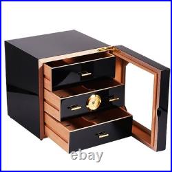 Sleek Black Cigar Humidor Box for 50-75 Cigars, 3-Drawer with Hygrometer Gift Sleek Black Cigar Humidor Box for 50-75 Cigars, 3-Drawer with Hygrometer Gift