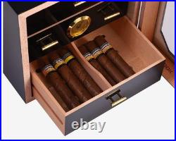 Sleek Black Cigar Humidor Box for 50-75 Cigars, 3-Drawer with Hygrometer Gift