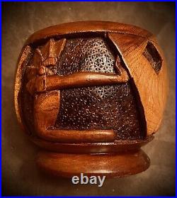 Tabacco Jar, solid wood, over 50 years old. Indian carved on side all around