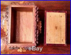 Tramp Art Wooden Box Antique Chip Carved Folk Art Tea Caddy Cigars or Cigarettes