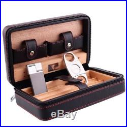 Travel Cigar Box Leather Cedar Lined Cigar Case Humidor with Cutter Gas Lighter