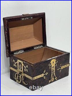 UNUSUAL vintage antique Spanish leather & brass cigar casket / box humidor + KEY