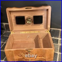 VTG Cigar Humidor Cedar Interior Exotic Burled Wood Birdseye Maple Hygrometer