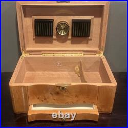 VTG Cigar Humidor Cedar Interior Exotic Burled Wood Birdseye Maple Hygrometer
