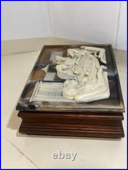 VTG INCOLAY Stone & Wood Jewelry Trinket Cigar Humidor BOX DOGS PLAYING POKER