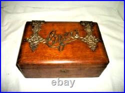 Victorian Oak Bronze Cigar Box Humidor Art Nouveau Face Hardware English 1870s