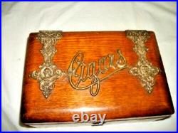 Victorian Oak Bronze Cigar Box Humidor Art Nouveau Face Hardware English 1870s