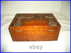 Victorian Oak Bronze Cigar Box Humidor Art Nouveau Face Hardware English 1870s