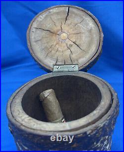 Vintage 1930's Wood Hand Carved Fox Head Tobacco Jar Box Humidor Covered With Bark