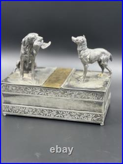 Vintage 19th Century Meriden Humidor Cigar Box Silverplate Two Hunting Dogs Vintage 19th Century Meriden Humidor Cigar Box Silverplate Two Hunting Dogs