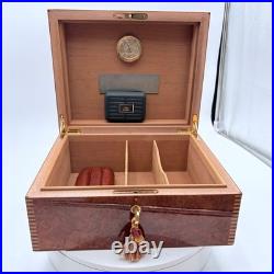 Vintage 90's-2000s Elie Bleu Burl Wood 75 Cigar Humidor with Key & Cigar Case
