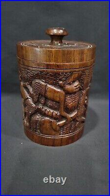 Vintage African Wood Carved Folk Art Tribal Lidded Tobacco Humidor or Jar Box