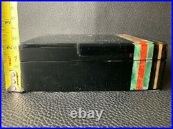 Vintage Antique Luxury Lacquered Humidor Gold Jade & Red Coral Strips Cigars Box