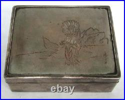 Vintage Asian Silver & Wood Humidor Box & Ash Tray