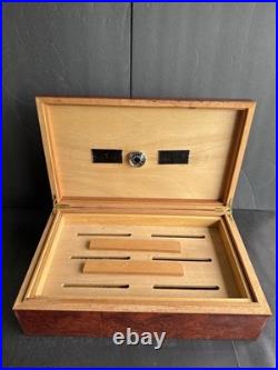 Vintage Burl Wood Humidor Large Cigar Box with Hygrometer & Brass Hinges