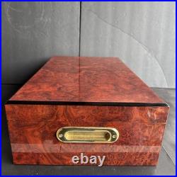 Vintage Burl Wood Humidor Large Cigar Box with Hygrometer & Brass Hinges