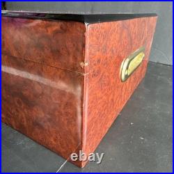 Vintage Burl Wood Humidor Large Cigar Box with Hygrometer & Brass Hinges